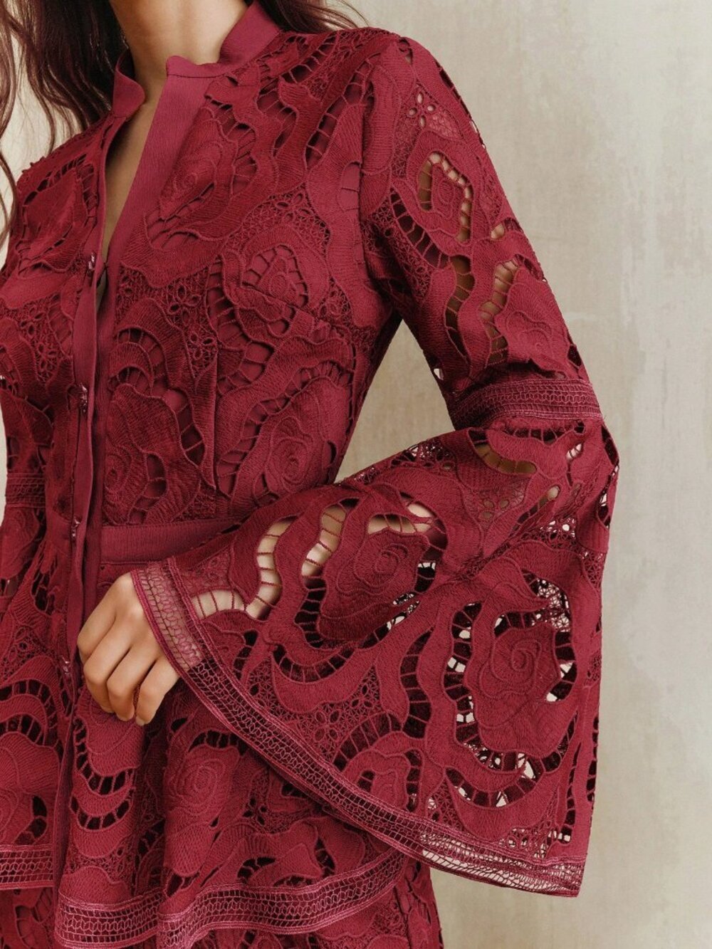 Burgundy Elegant Women's Hollow Floral Flare Sleeve Cinched Waist V-Neck Jacket